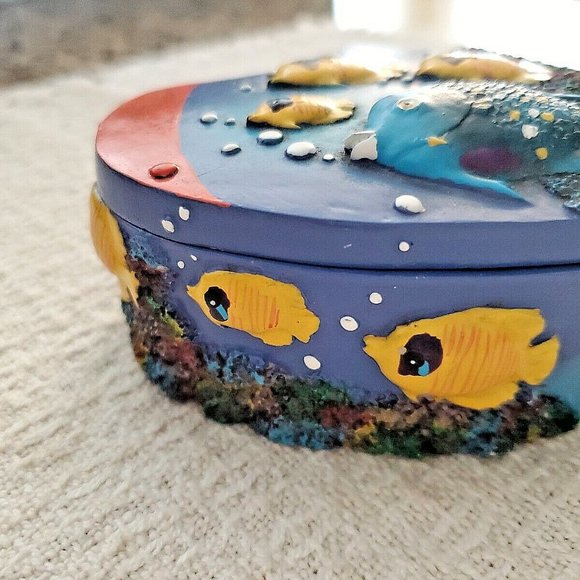 Colorful Hand Painted Heart Shaped Tropical Fish Trinket Box Ceramic 3D Fish - Picture 4 of 8